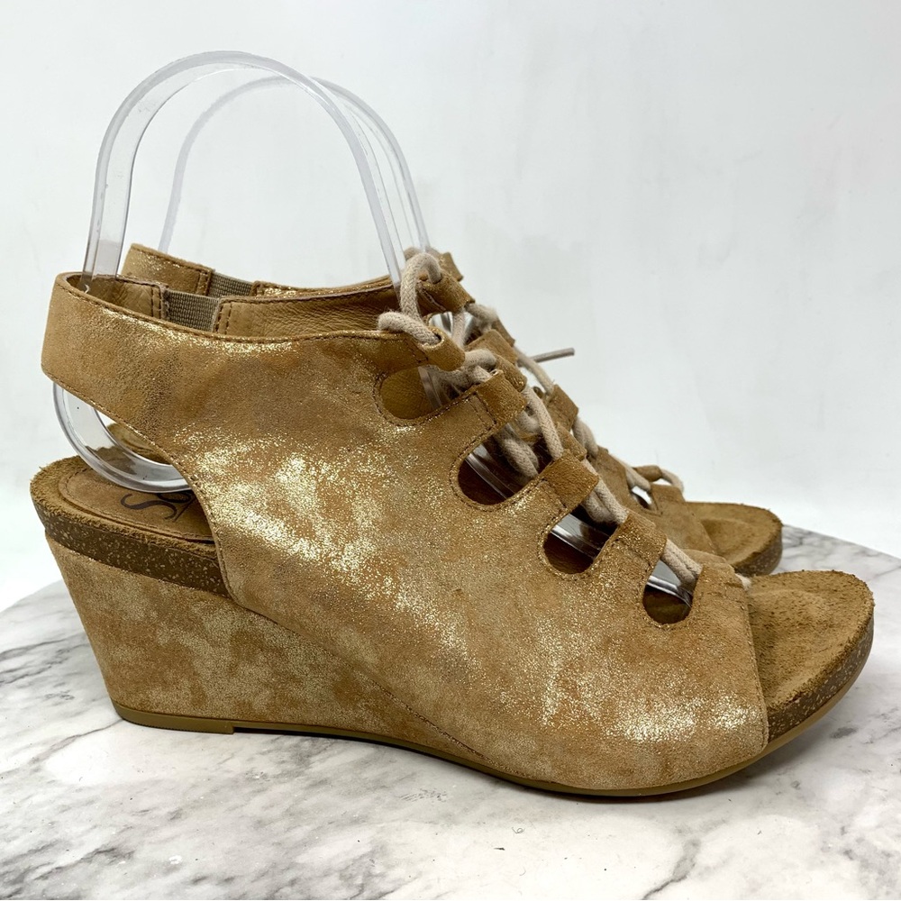Sofft Maize Ghillie Lace Brown/Gold Metallic Nubuck Comfort Wedge Sandals 8 Boho - Picture 2 of 14